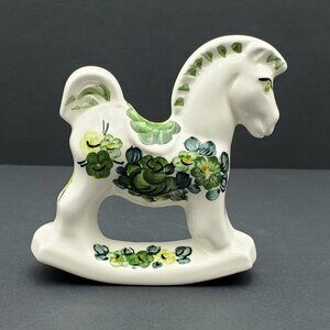 Polish Pottery Green Wave Horse Figurine Green Flowers on White Horse Statue